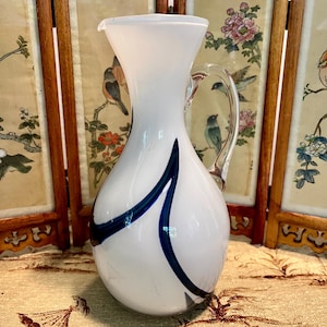 Vintage Danish Art Glass Jug – White with Blue Swirl, Handblown Pitcher with Clear Handle, Mid-Century Modern Style