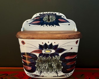 Salero vintage Royal Copenhagen Fajance 'Crazy Bird' con tapa de teca