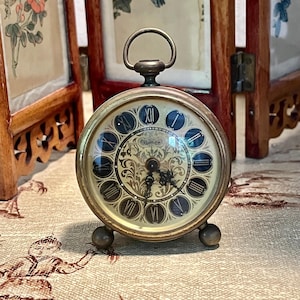 Vintage Europa Brass Alarm Clock – Ornate Art Deco Wind-Up Travel Timepiece – 7 Jewels – Germany
