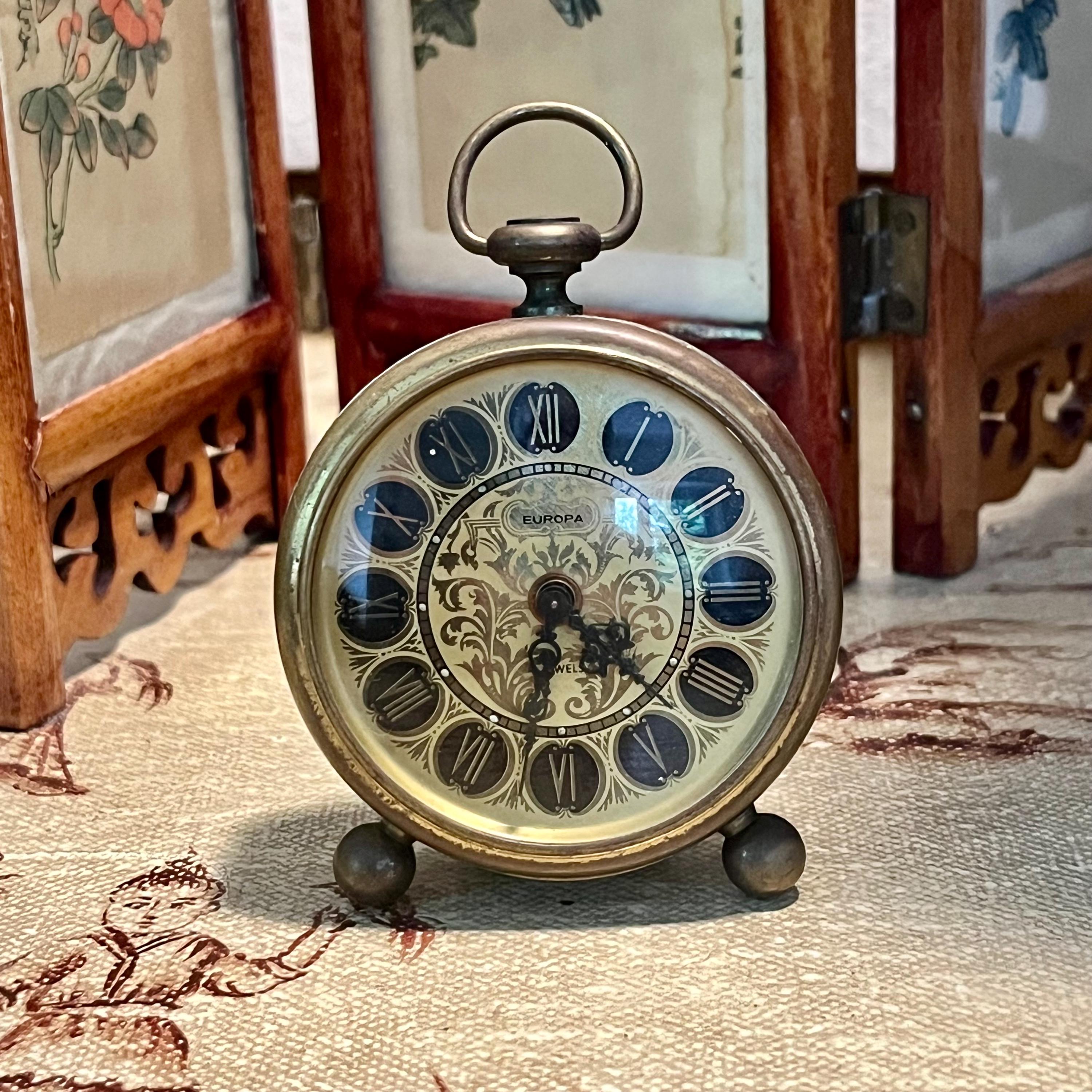 Vintage Europa Brass Alarm Clock – Ornate Art Deco Wind-up Travel