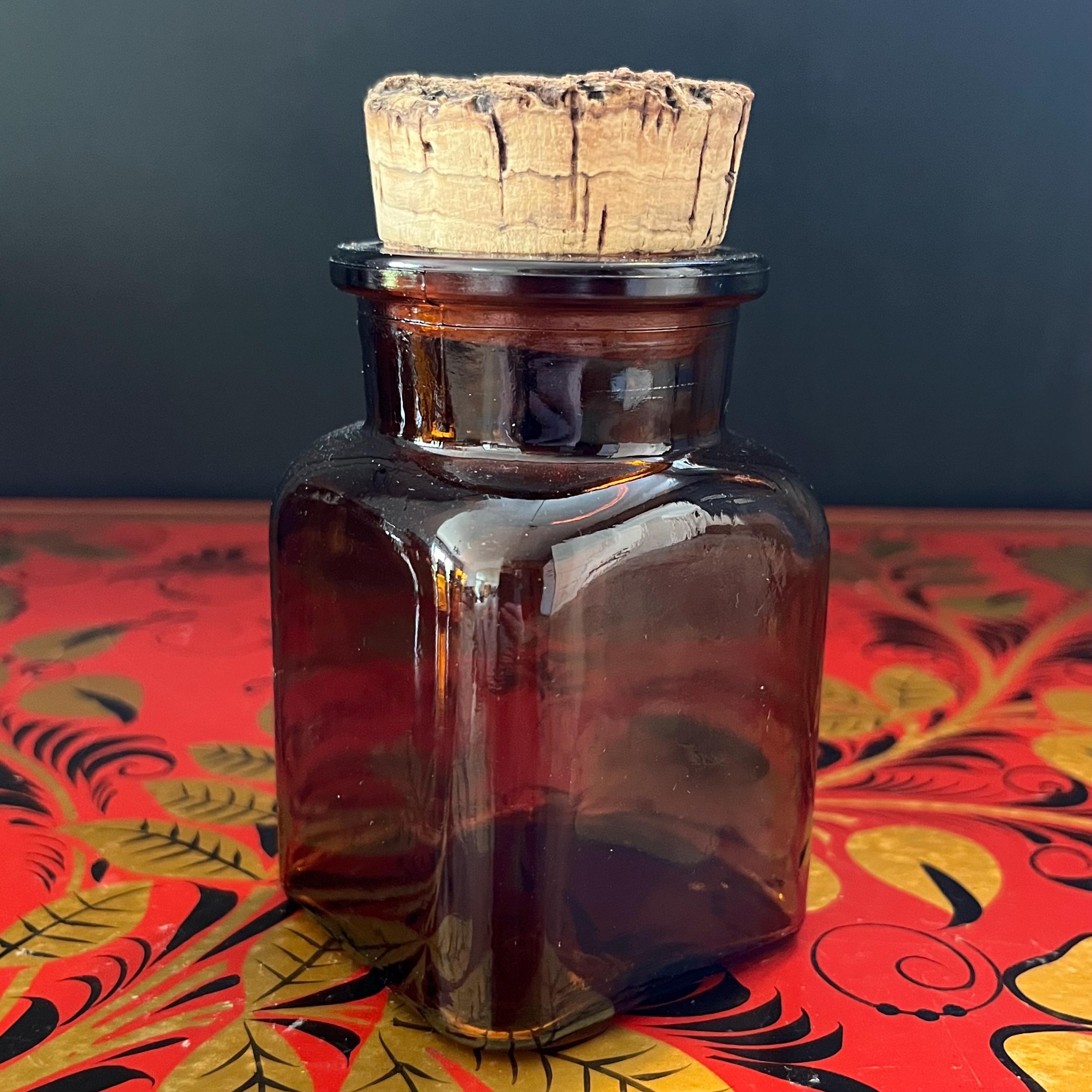 コルク栓付きヴィンテージアンバーガラス薬瓶6個セット - スクエア