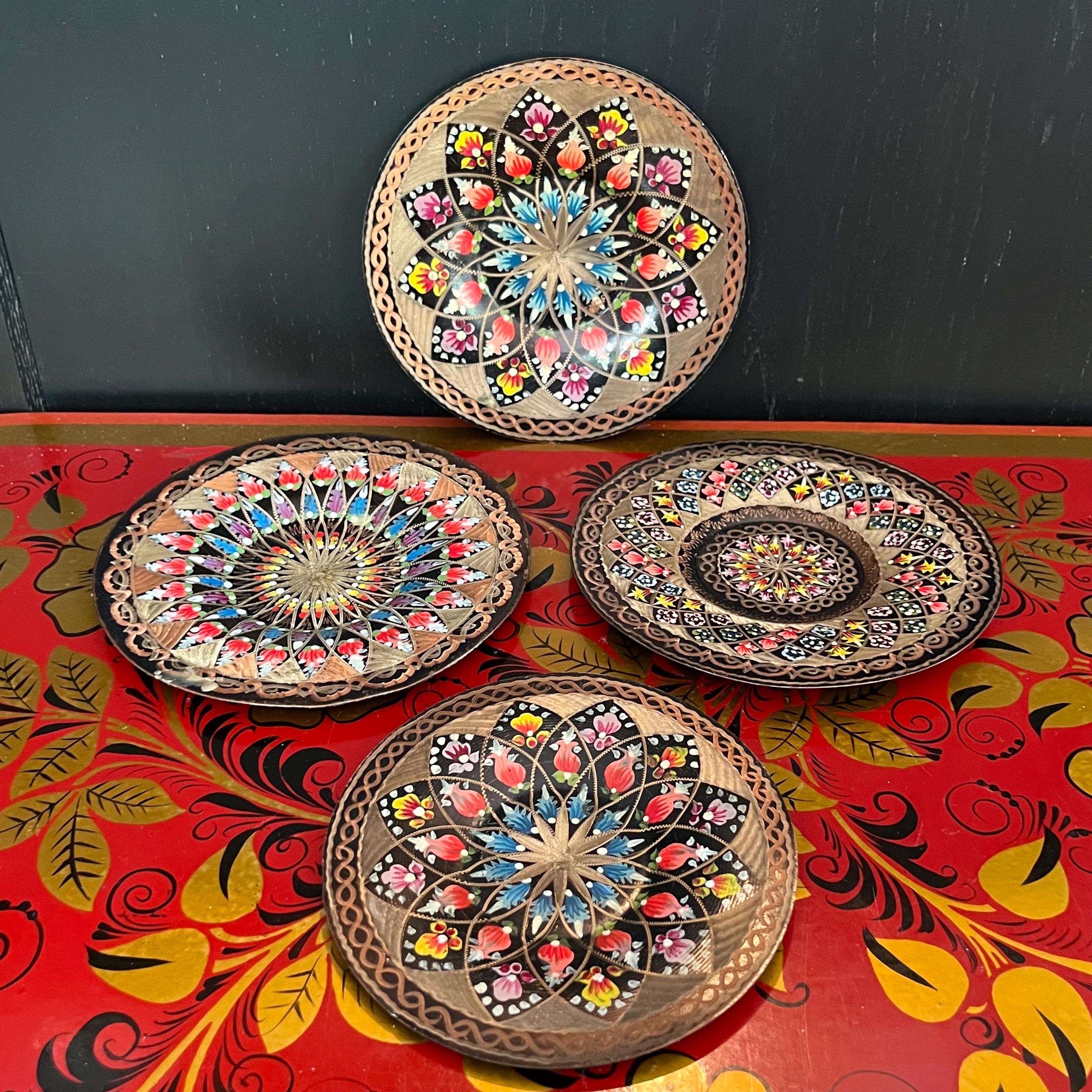 Set of 4 Vintage Hand-painted Copper Wall Plates – Eastern