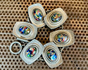 Vintage Jørgen Jensen Pewter Bracelet, Art Glass Cabochons, Danish