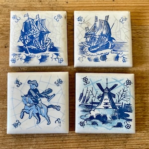 Set of 4 Vintage Dutch Delft Mini Tiles – Windmill, Ship, Rider – Multiple Sets Avaliable