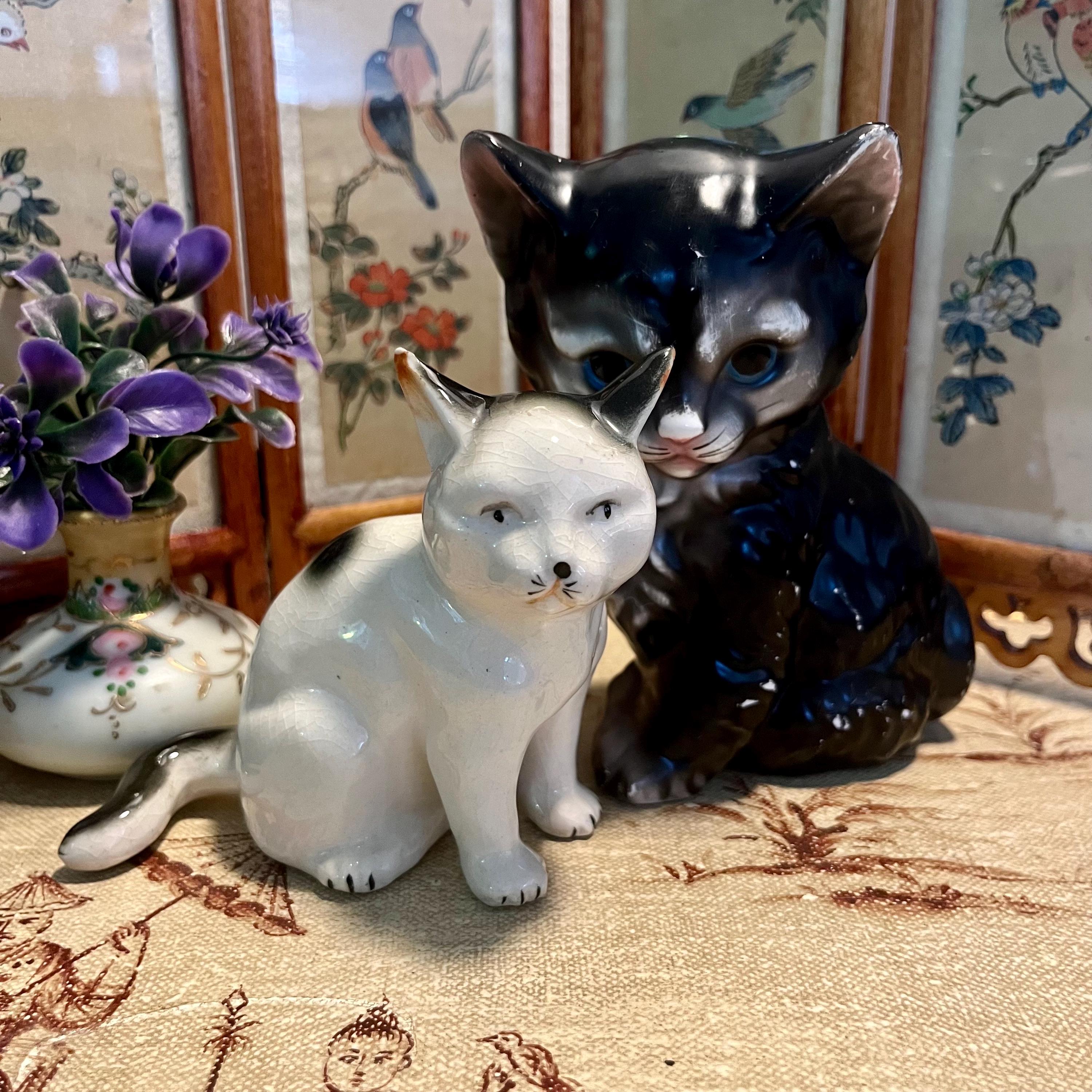 Vintage Ceramic Cat Figurines – Black Glazed Kitten & Crackle