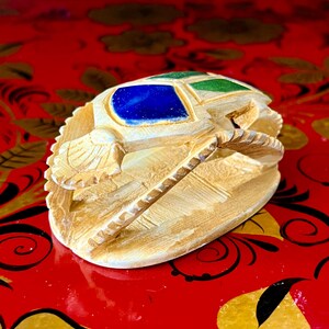 Art Deco Egyptian Revival Scarab Beetle. Vintage Stone Inlay Amulet. Art Deco Decorative Object