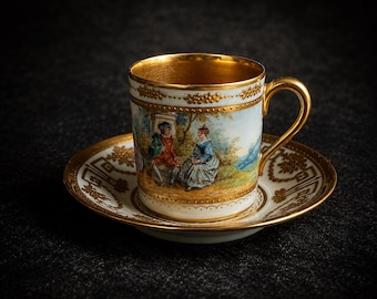 Antike Franziska Hirsch Dresden Mokkatasse Untertasse / Handbemaltes Rokoko Porzellan / c1901-1914