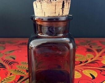 コルク栓付きヴィンテージアンバーガラス薬瓶6個セット - スクエア