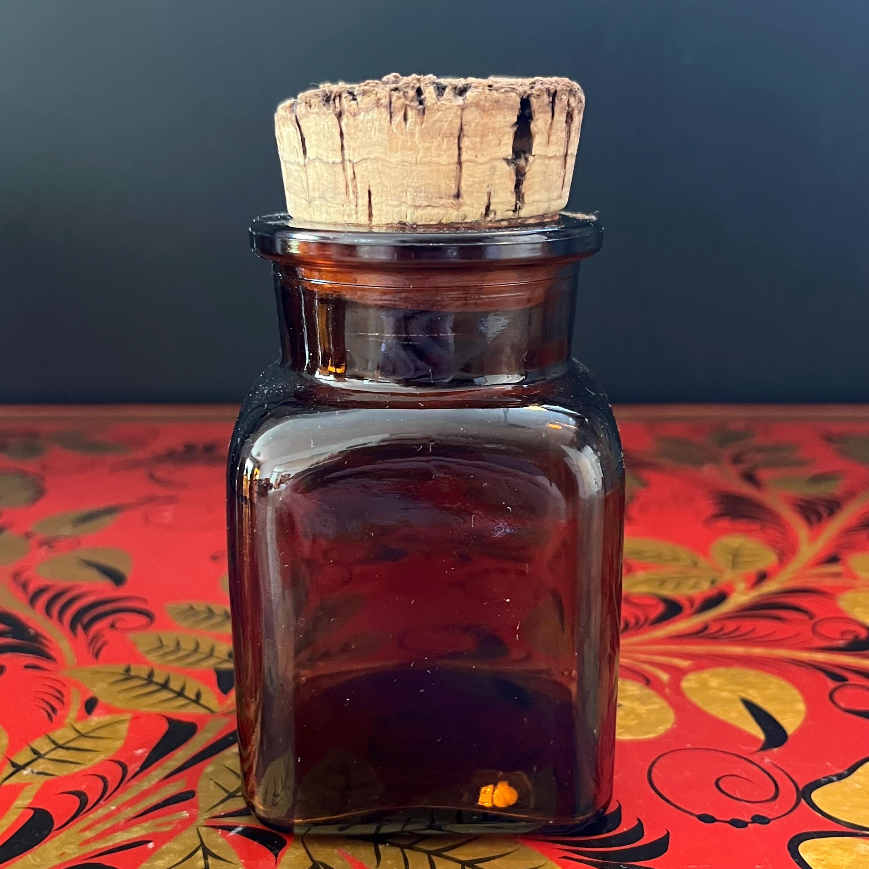 コルク栓付きヴィンテージアンバーガラス薬瓶6個セット - スクエア