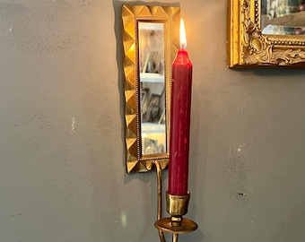 applique murale vintage en laiton avec miroir | Bougeoir Mid-Century en Laiton