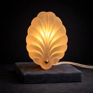 May include: A frosted glass wall sconce in the shape of a stylized shell, radiating a warm, inviting light. The light is mounted on a dark grey rectangular base, with a gold-coloured accent at the bottom. A white cord extends from the base.