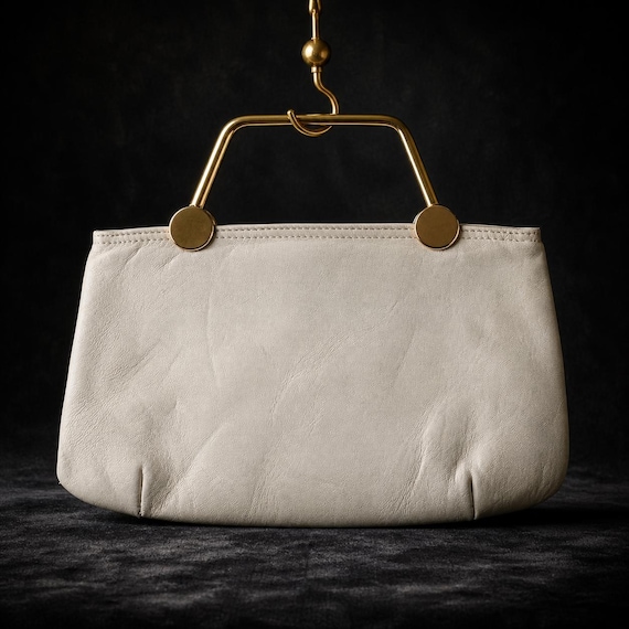 Vintage Jane Shilton Cream Leather Handbag / Gold Handle / Made in