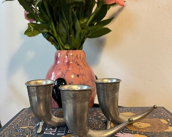 Set Of Three Vintage Norwegian Pewter Drinking Horns
