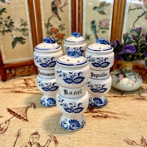 Vintage Japanese Blue & White Ceramic Spice Jars – Set of 4