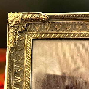 Può includere: Una cornice dorata con un designo ornato. La cornice ha un bordo a forma di corda e un motivo floreale decorativo.