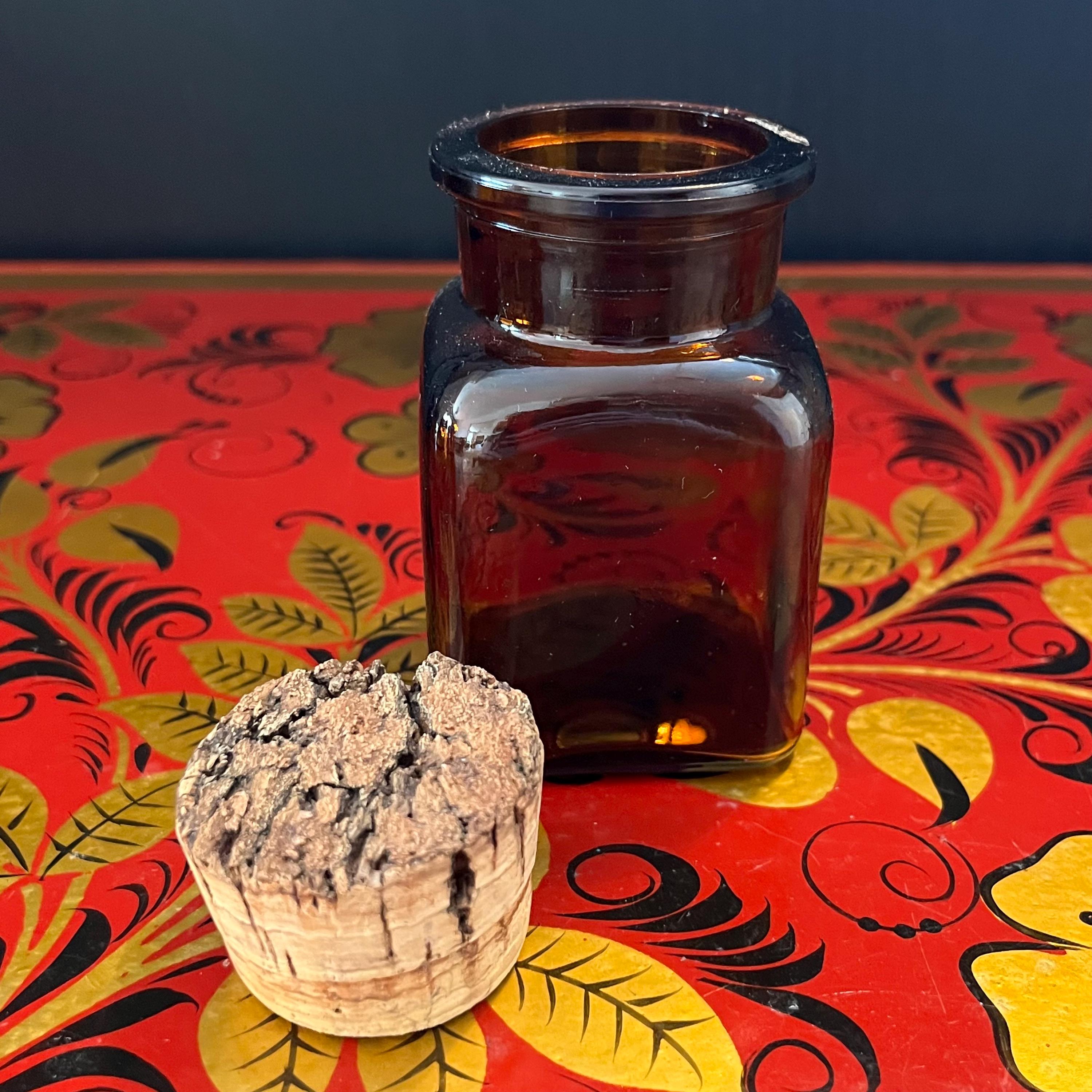 コルク栓付きヴィンテージアンバーガラス薬瓶6個セット - スクエア