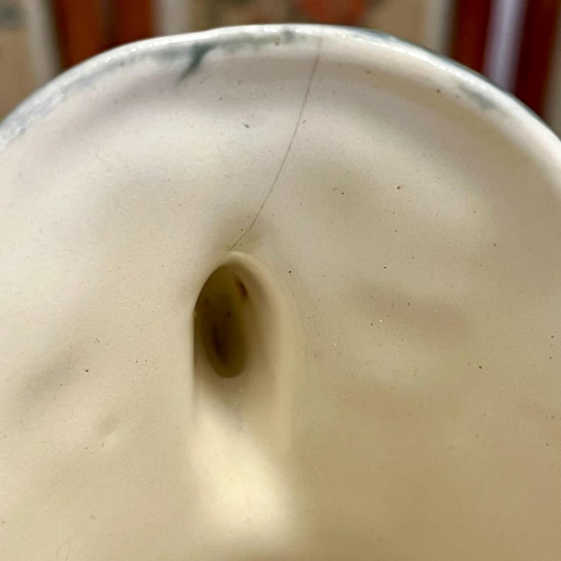Pode incluir: Close-up de um objeto de cer&acirc;mica creme com formato arredondado e um orif&iacute;cio. Uma fina rachadura percorre a lateral. A borda tem uma guarni&ccedil;&atilde;o azul-esverdeada. O interior &eacute; liso e o orif&iacute;cio &eacute; escuro.