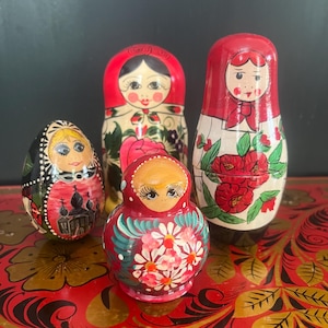 Vintage Russian Matryoshka Nesting Dolls – Set of 3 Assorted Hand-Painted Wooden Doll Sets + 1 Decorative Egg