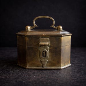 May include: A vintage brass box with an octagonal shape and a handle. The box has a hinged lid with a decorative clasp. The brass has a warm, aged patina, suggesting its antique nature. The handle is curved, and the box sits on a dark surface.