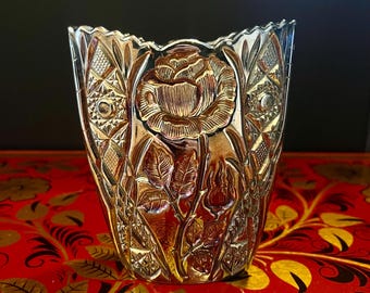 Vaso de vidro antigo Brockwitz Blue Carnival: Garden Rose, Alemanha