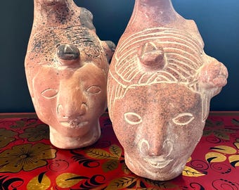 Vintage Repaut Inah Mexico Mayan Terracotta Folk Art Head Sculptures