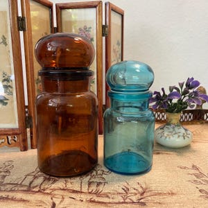 Vintage Belgian Apothecary Jars – Blue & Amber Glass Storage Containers with Dome Lids