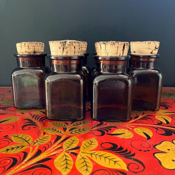 コルク栓付きヴィンテージアンバーガラス薬瓶6個セット - スクエア