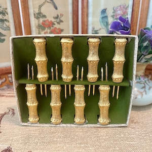 Vintage Gold Bamboo Hors d’Oeuvre Picks – Set of 8 in Original Box