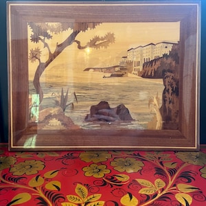 Vintage Italian Marquetry Wall Art / Coastal Inlaiid Wood Scene 31x40cm