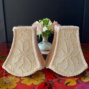 Beautiful Vintage Set Of Two French Lace And Fabric Boudoir Lampshades With A Square Top