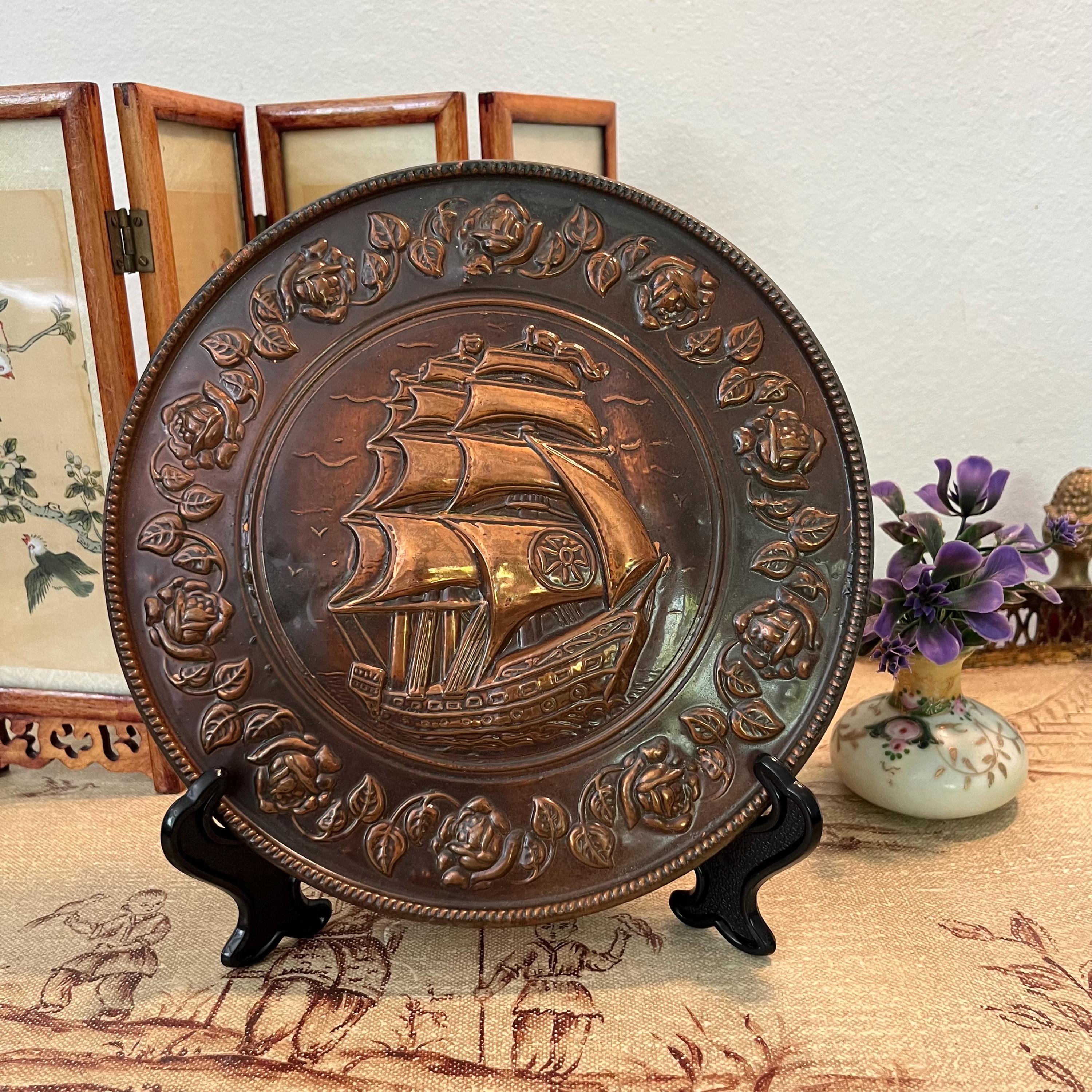 Vintage ELPEC Copper Wall Plaque – Tall Ship & Rose Border – Made