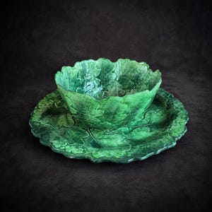 Vintage Vietri Foglia gröna bladfat och skålset / italiensk majolica kålblad serveringsskål