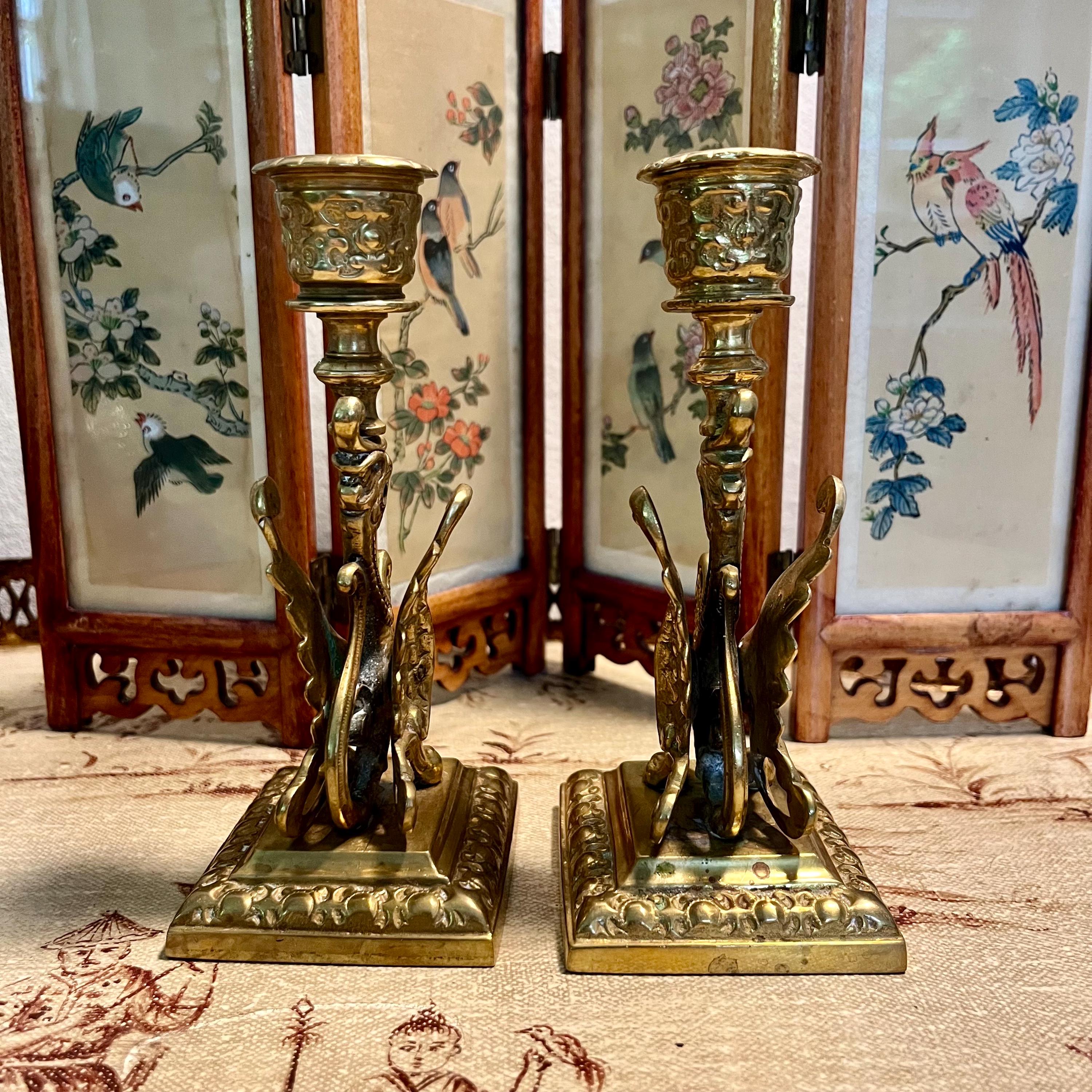 Pair of French Napoleon III Brass Griffin Candlesticks – C. 1860