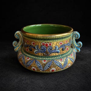 Vintage Gialletti G.P. Deruta Cachepot | Handdekorerad italiensk Maiolica Jardinière | Förgylld keramisk planteringskruka | Florens, Italien