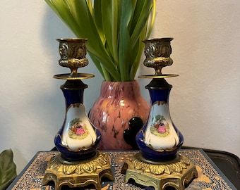 Stunning Vintage Porcelain And Brass German Candlestick Holders