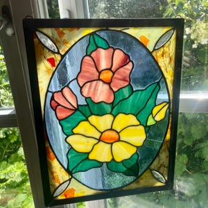 Handcrafted Stained Glass Floral Panel – Vintage Leaded Glass Window Hanging
