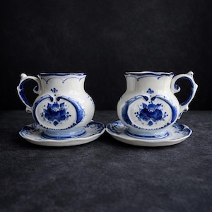 Set of 2 Gzhel Porcelain Teacups and Saucers Blue White Hand Painted Tea Set