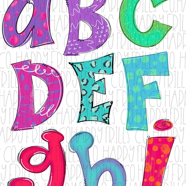 whimsical doodle alphabet alpha pack, including extras for designing and sublimation, Sublimate