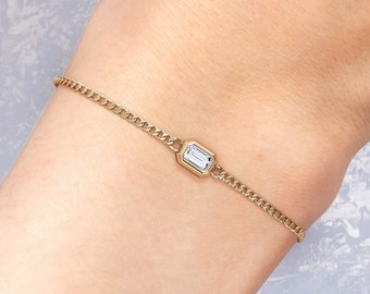 Echter Diamant 14K Gelbgold Panzerkettenarmband: Stapelarmband im Smaragdschliff