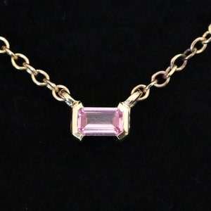 14K Gold Rolo Chain Necklace: Natural Pink Sapphire Emerald Cut