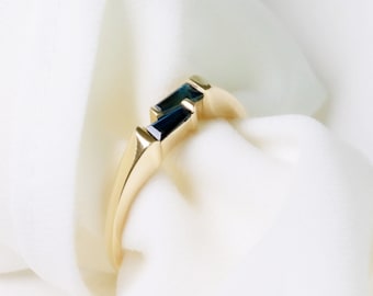 Natural Sapphire Baguettes Engagement / Anniversary Ring 14K Solid Gold Unique Minimalist Everyday Ring Size 4 - 10