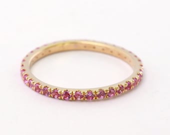 Pink Sapphire Full Eternity Ring 14K Solid Yellow Gold Stack Stacking Minimalist Chic Ring Sizes 4 - 10