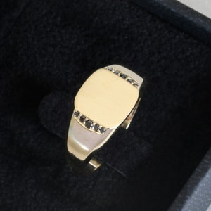 14K Gold Signet Ring with Black Diamonds: Custom Engraved Pinky Ring