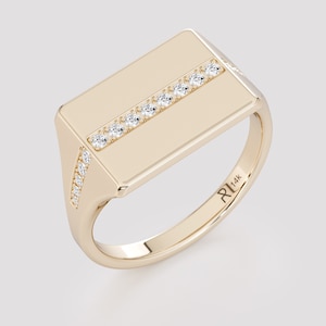 14K Gold Diamond Signet Ring - Geometric Pinky Ring, Free Engraving