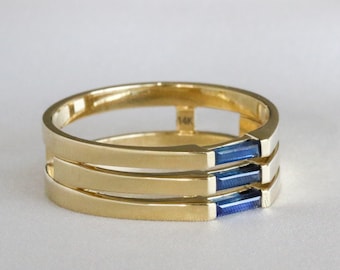 Ready to ship. Stacked Wedding Ring, Natural Blue Sapphire, Needle Baguette, 14K Solid Gold Unique Minimalist Ring Multi Stone