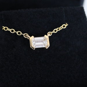 Emerald Cut Diamond Choker: 14K Gold Pink Sapphire Pendant