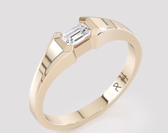 Emerald Cut Real Diamond Ring 14K Solid Gold Minimalist Geometric Solitaire Ring.