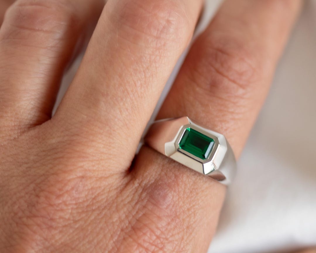 14K Gold Men's Emerald Signet Ring • Geometric Art Deco Pinky Ring