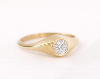 Geometric Diamond Solitaire Ring 14K Gold, Bezel Set Modern Engagement Ring