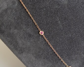 14K Rose Gold Ruby Bracelet: Dainty Gemstone Chain, July Birthstone